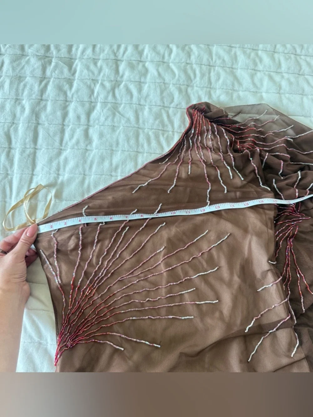 BCBG maxazria rare Y2K 90s brown one shoulder dress beaded stretchy Size M - Picture 8 of 9